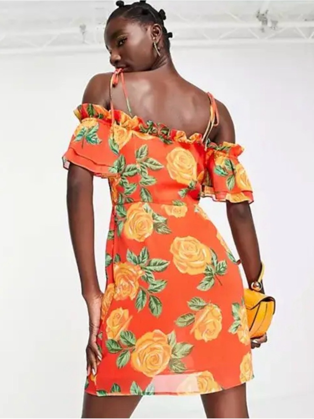 Topshop Orange Off-Shoulder Rose Print Mini Dress